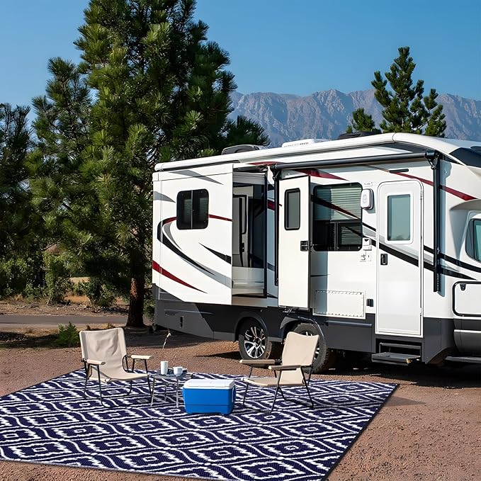 OLANLY Outdoor Rug 6x9 ft Waterproof, Outdoor Plastic Straw Rug with Geometric Pattern Clearance, Reversible RV Mat for Patio, Camping, Balcony, Deck, Backyard, Navy & White-Ruum Studio Home