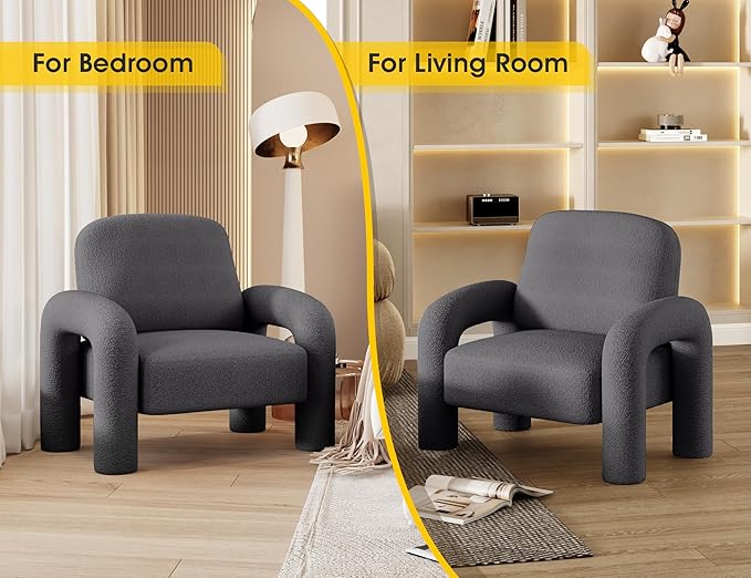 Modern Sherpa Accent Chair, Teddy Upholstered Arm Single Sofa, Cozy Fluffy Reading Chair for Living Room, Bedrooms, Corner (Grey)-Ruum Studio Home