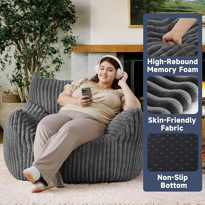 Oversized Bean Bag Chair for Adults, Giant Comfy Plush Boneless Bean Bag Couch with Filler for Kids - Reading Chair for Living Room, Bedroom & Dorm, Single Accent Chair Floor Lounger, Gray-Ruum Studio Home