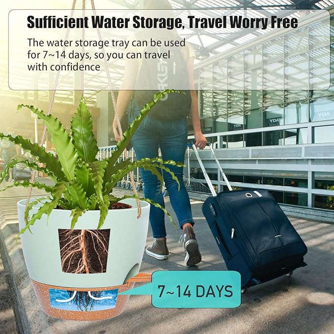 8 inch Hanging Planters, 2 Pack Self Watering Hanging Pots with 20oZ Deep Reservoir for Indoor Outdoor Plants Flowers, Green with Brown-Ruum Studio Home