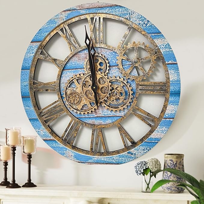 The Gears Clock The Original Real Moving Gear Wall Clock Vintage Industrial Oversized Rustic Farmhouse (24 inch (60cm), Vintage Ocean Blue and Bronze)-Ruum Studio Home