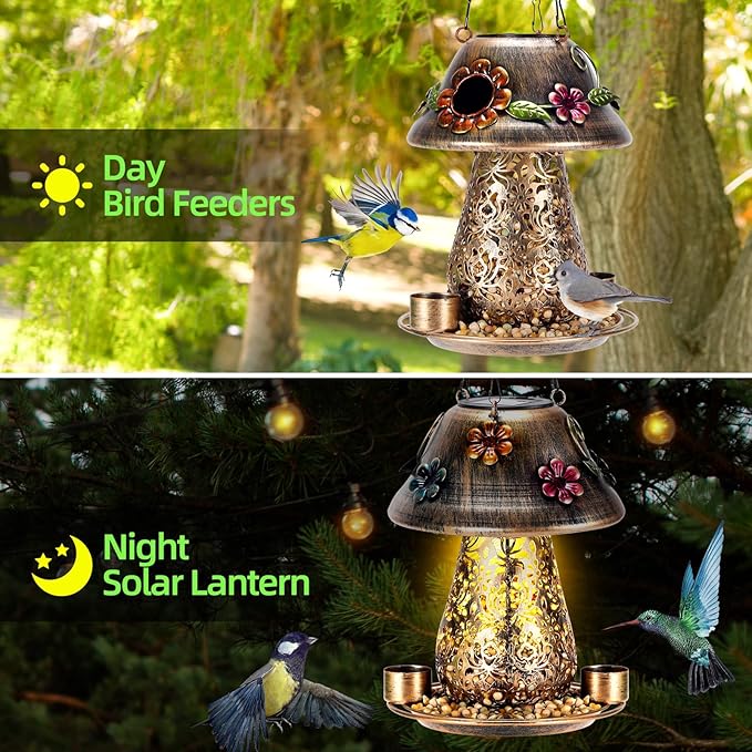 Mushroom Solar Bird Feeders for Outdoors Hanging Metal Wild Bird Feeder Garden Lantern with S Hook for Garden Decoration Brown-Ruum Studio Home