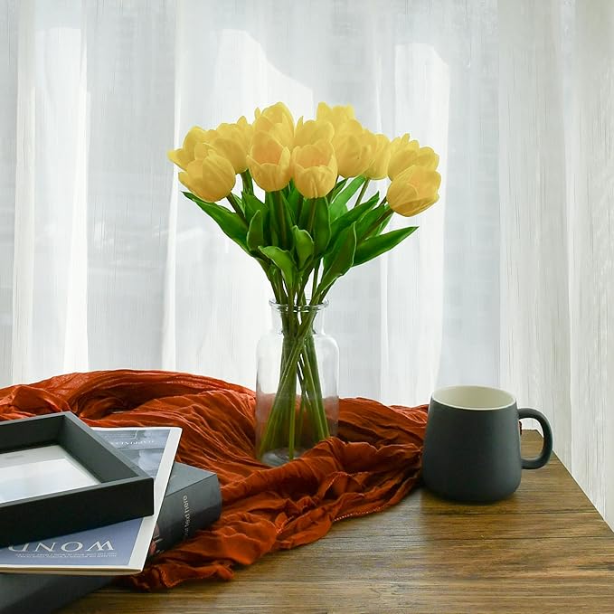 Mandy's Artificial Tulips 12 Stems Yellow Partially Open PU Faux Flowers for Wedding Home Decor 13.5 Inch-Ruum Studio Home