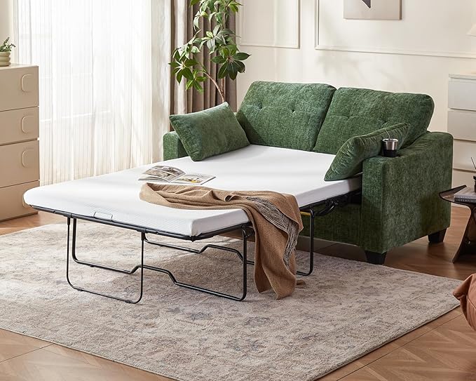 CHIC HOUSE Pull Out Sofa Bed, Full Size Sleeper Sofa, 2-in-1 Convertible Chenille Couch with USB Charging, Memory Form Couch for Living Room, Apartment & Small Space (Green, Chenille - Full)-Ruum Studio Home