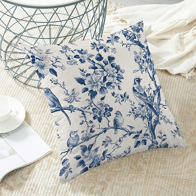 Navy Blue Spring Floral Pillow Covers 18 x 18 Inch Set of 2 for Vintage Chinoiserie Flowers Bird Decor Throw Pillows Plant Farmhouse Outdoor Decorative Cushion Cases for Couch Bed Decorations-Ruum Studio Home