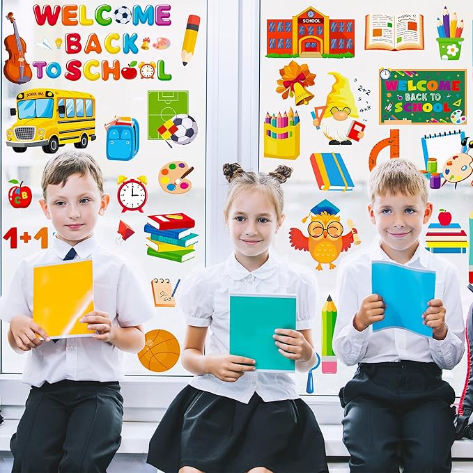 9 Sheets Back to School Window Clings, Double-Sided Window Clings for Classroom, Bus Apple Pencil First Day of School Book Window Stickers for First Day of School Decorations Supplies Decor-Ruum Studio Home