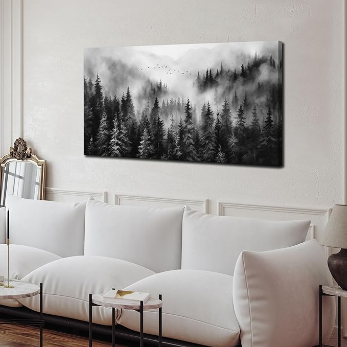Foggy Forest Wall Art for Living Room,Black and White Pictures for Wall,Tree Wall Decor for Bedroom 20 x 40 Inch-Ruum Studio Home