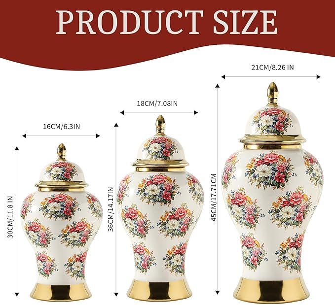 Ginger Jars for Home Decor, White Gold Ceramic Vase with Colorful Floral Pattern, Handmade Decorative Flower Vase with Lid for Home, Kitchen, Office, Table, Bookshelf, Mantle Fireplace,(18in)-Ruum Studio Home