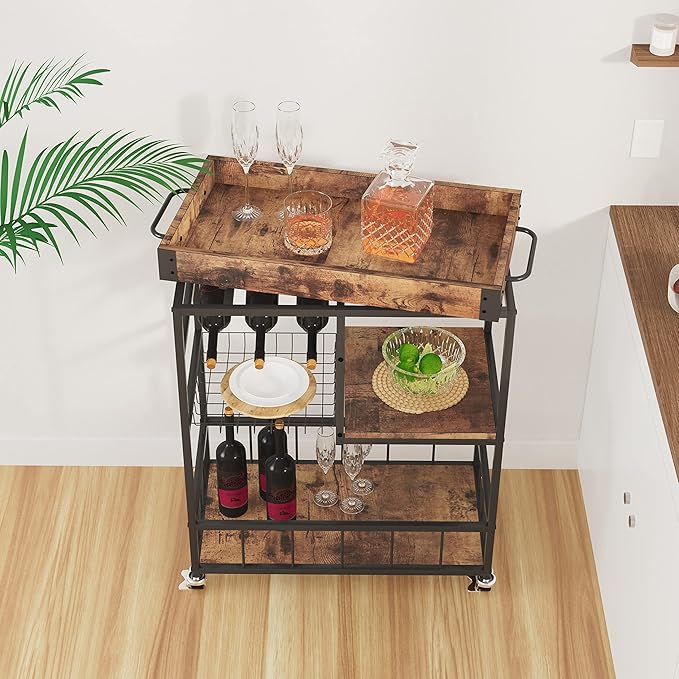 Bar Cart with Basket 3 Tiers Home Rolling Wine Rack with Wheels Mobile Kitchen Industrial Vintage Style Wood Metal Serving Trolley Serving Cart,Glass Holder Bar Cabinet-Ruum Studio Home