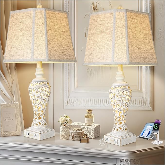Vintage Table Lamps Set of 2, 28.5'' High Bedside Lamps with Fabric Shade, Farmhouse Nightstand Lamps with USB A+C Ports and Nightlight - Perfect for Living Room Bedroom Office Study (Bulb Included)-Ruum Studio Home