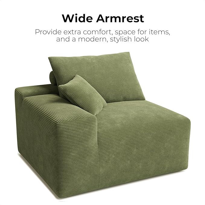 LIKIMIO 120" Modern L-Shaped Modular Sectional Sofa for Living Room, Corduroy Upholstery Green, Oversized 3-Seater Couch with Deep Seat and Movable Ottoman – No Assembly-Ruum Studio Home