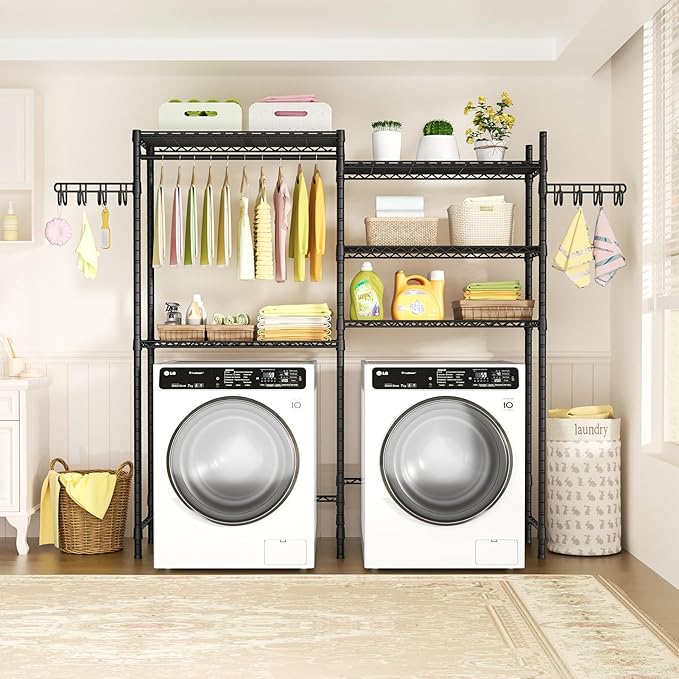 Ulif 65.3" W x 13.4" D x 77.5" H Clothes Drying Rack, 5 Tiers Over Washer and Dryer Laundry Room Storage and Organizer, Heavy-Duty Space Saver, Black-Ruum Studio Home