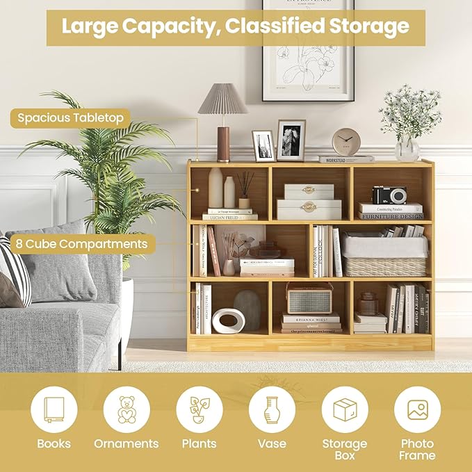 Tangkula 8-Cube Bookcase, Wood 3 Tier Open Storage Bookshelf, Modern Multipurpose Display Cabinet for Living Room, Study, Reading Nook, 48 x 12.5 x 36.5 Inch, Burlywood-Ruum Studio Home