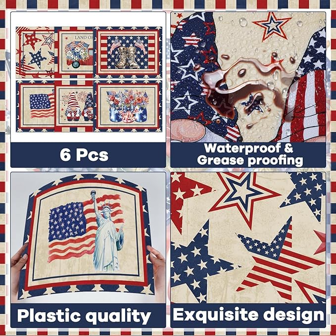 4th of July Placemats Set of 6 Patriotic Plastic Table Mats Independence Memorial Day Vintage America Flag Stars Stripe Place Mats Vinyl Table Decoration for Indoor Outdoor Party Kitchen Dining-Ruum Studio Home
