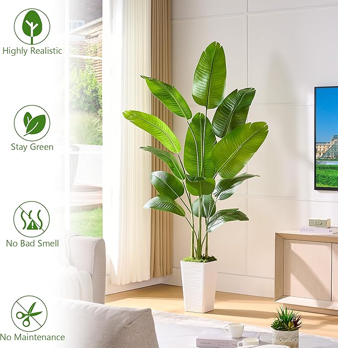 Lifelike Bird of Paradise Silk Artificial Plant Faux Banana Leaf Tree for Home Decor - Perfect Indoor Floor Plant with 11 Trunks (1, White Tall Planter, 6.6 FT)-Ruum Studio Home