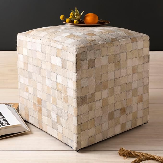 Mark&Day Pouf Ottoman, Grobschonau Hide Leather and Fur Camel Cube Pouf Foot Rest for Living Room, Bedroom and Boho Home Decor (18"x18"x18")-Ruum Studio Home