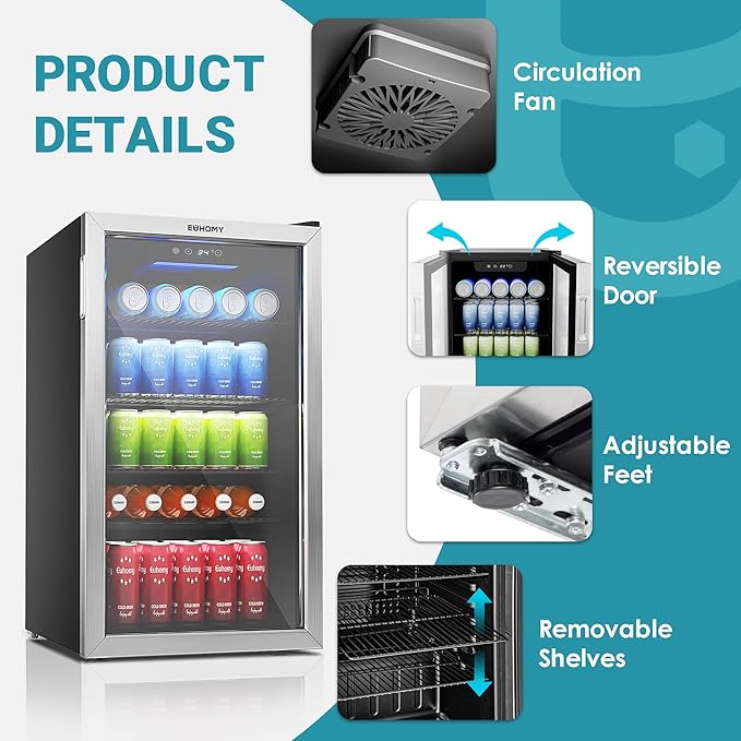 EUHOMY Beverage Refrigerator Cooler, 130 Can Mini Fridge with Glass Door for Soda Beer or Wine, Beverage Cooler for Home, Office, Bar with Adjustable Removable Shelves, Silver-Ruum Studio Home