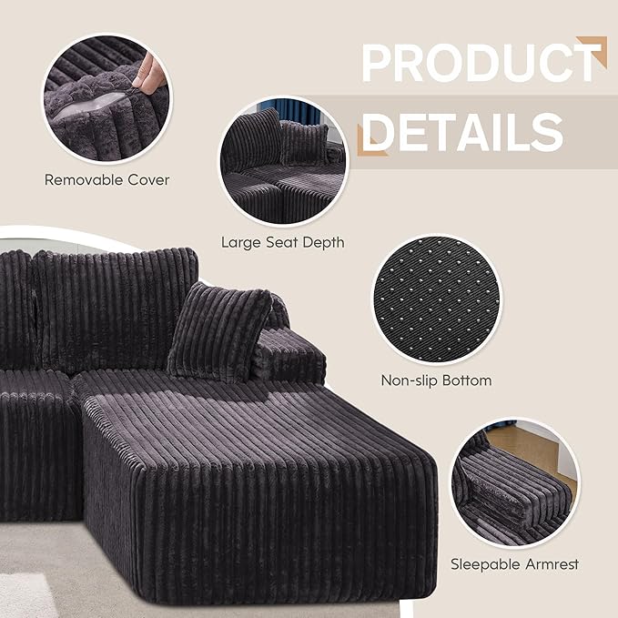 Hobestluk Modular Sectional Sofa Couches 108" L-Shape Couch 3 Seat Modular Sofa Memory Foam Sectional Couches for Living Room, Boneless Couch with Oversized Chaise (Grey, Right Facing)-Ruum Studio Home