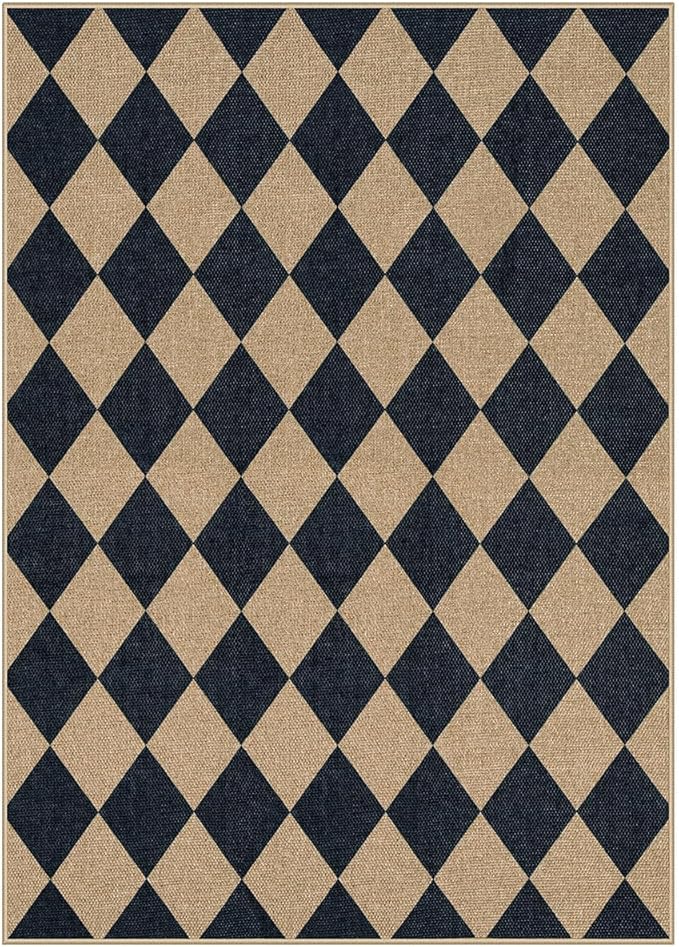 Lahome Checkered Easy Jute 5x7 Area Rugs, Washable Outdoor Patio Rug for Living Room Diamond Indoor Outdoor Carpet, Farmhouse Geometric Non Slip Black Carpet for Backyard Dining Room-Ruum Studio Home