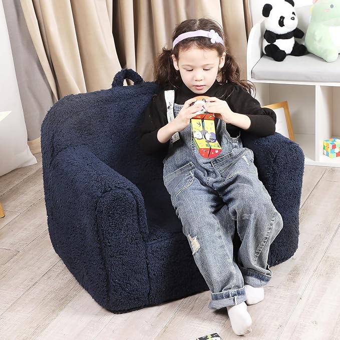 Kids Snuggly-Soft Sherpa Chair, Cuddly Toddler Foam Chair for Boys and Girls, Dark Blue-Ruum Studio Home