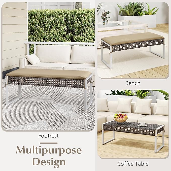 Tangkulka Outdoor Ottoman, Patio Rattan Heavy Duty Wicker Footrest with Soft Cushion & Metal Frame, Extra Seating, for Porch, Backyard, Lawn and Poolside (1)-Ruum Studio Home