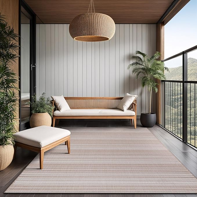 Stripe Outdoor Rug 9x12 Washable Outside Carpet for Indoor Patio Porch Waterproof Easy Cleaning Non Shedding Area Rugs Beige 9 x 12-Ruum Studio Home