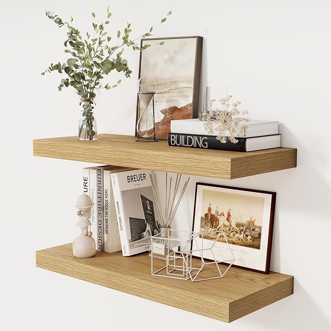 30 Inch Floating Shelves, 12 Inch Deep Floating Shelves for Wall, Rustic Wood 30 x 12 Shelves for Wall Storage & Display, 2 Inch Thicked Floating Shelf for Bathroom, Living Room, Oak Color, 2 Pack-Ruum Studio Home