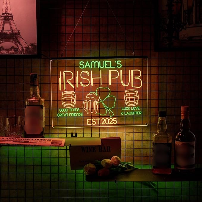 Personalized Irish Pub Signs with Your Name for home wall light up with personalized pub name, man cave accessories, beer themed neon customizable lighted sign-Ruum Studio Home