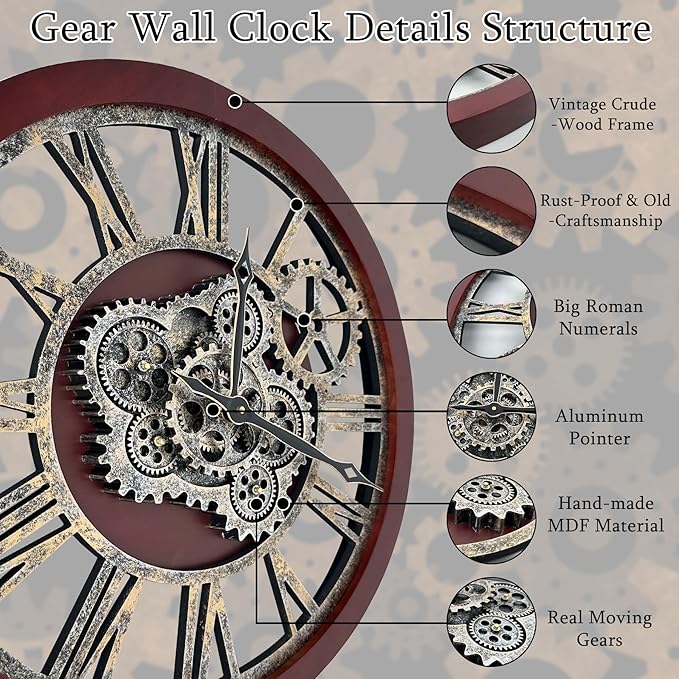 HOIBAI Large Wall Clock, 18 Inch Wall Clocks for Living Room Decor Farmhouse Vintage Rustic Kitchen Wall Decor Vintage Roman Big Oversized Wall Clock for Home Bedroom House Office, Moving Gears Clock-Ruum Studio Home
