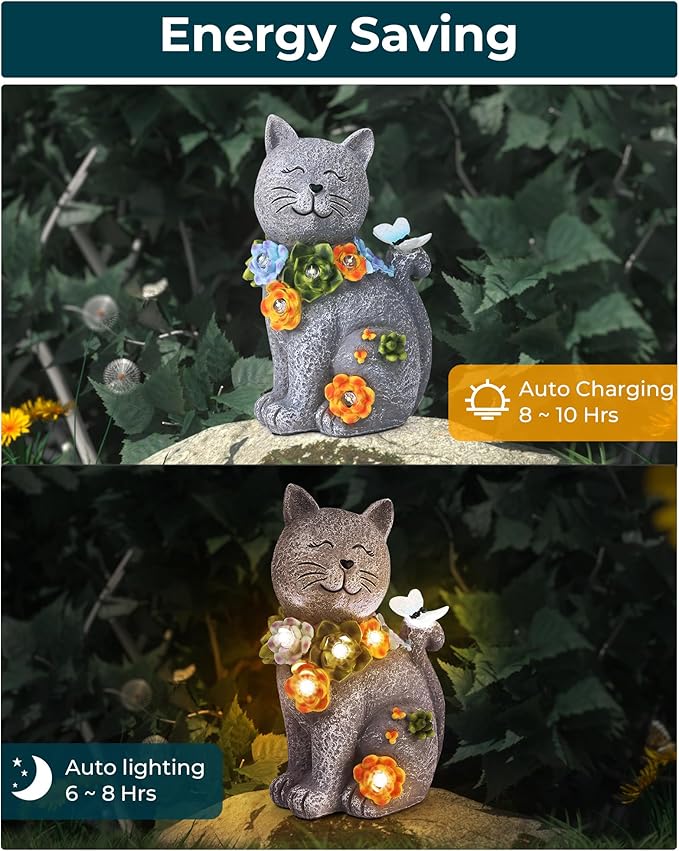 Solar Garden Statues Outdoor Decor, 6 LED Cat Flowers Butterfly Figurine Lights, Waterproof for Balcony Patio Porch Lawn Yard Ornament Art - Gift Ideas for Housewarming Gardening Grandma Women-Ruum Studio Home