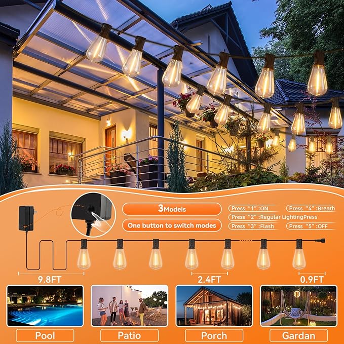 100 FT Outdoor String Lights for Outside, IP65 Waterproof ST38 LED Shatterproof Bulbs, Dimmable & Timable, 3 Light Modes, Hanging Patio Edison Lights for Porch Backyard Cafe Bistro-Ruum Studio Home