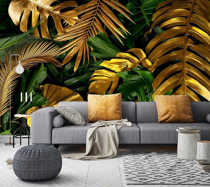 WFBHUA-Gold and Green Tropical Jungle Palm Leaf Wallpaper Mural Monstera Wall Mural for Living Room Bedroom (Not Peel and Stick)