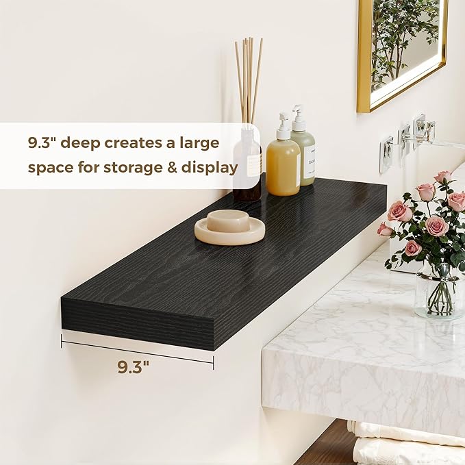 Dreamland 32 Inches Floating Shelves for Wall, 9.3" Deep Long Floating Shelves Set of 2, Large Display & Storage Shelf, Wall Shelf for Bathroom Bedroom Living Room Kitchen Office, Black-Ruum Studio Home