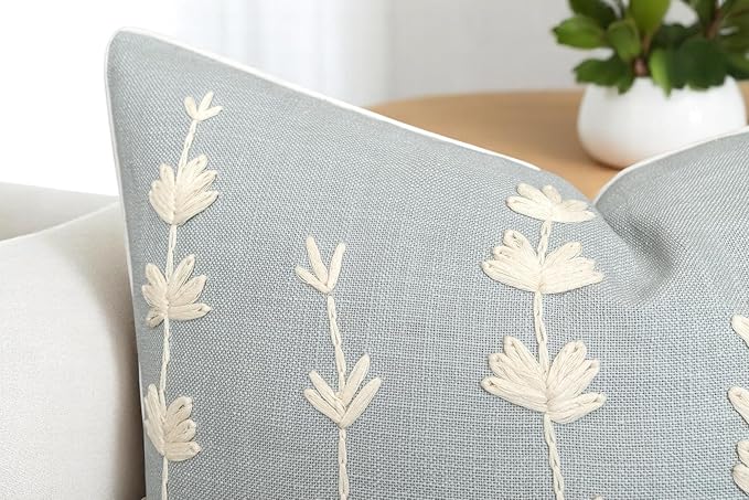 VAGMINE Hand Embroidered Daisy Accent Throw Pillow Cover - 20x20 Inches Square - 100% Cotton Robins Egg Decorative Cushion Cover for Couch, Sofa, Chair - Textured Embroidery - Boho Floral Home Décor-Ruum Studio Home