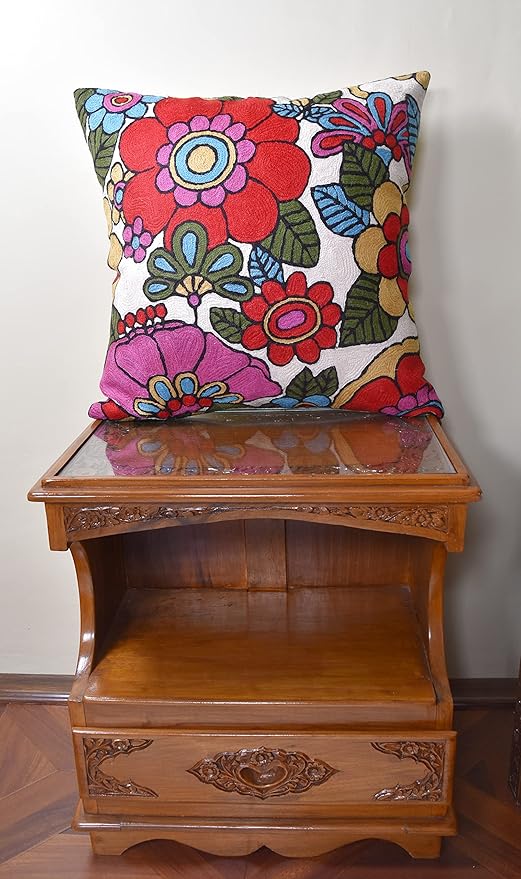Floral Pillow Cover Handembroidered Wool 18x18 (Retro Floral Pillow Cover)-Ruum Studio Home