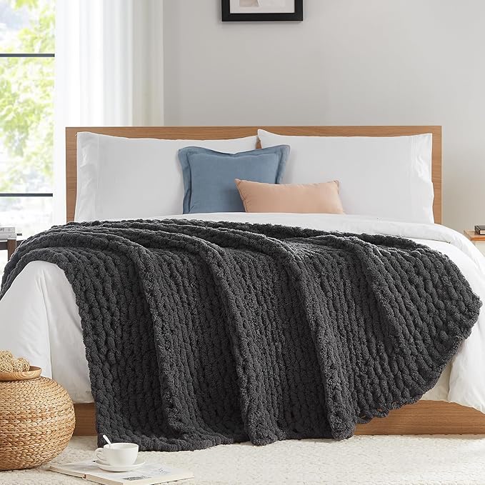 L'AGRATY Chunky Knit Blanket Throw - Soft Throw Blanket 40x50: 100% Hand Kintted Chenile Crochet Throw Blanket for Couch - Large Cable Knit Blanket for Home Decor (Dark Grey)-Ruum Studio Home