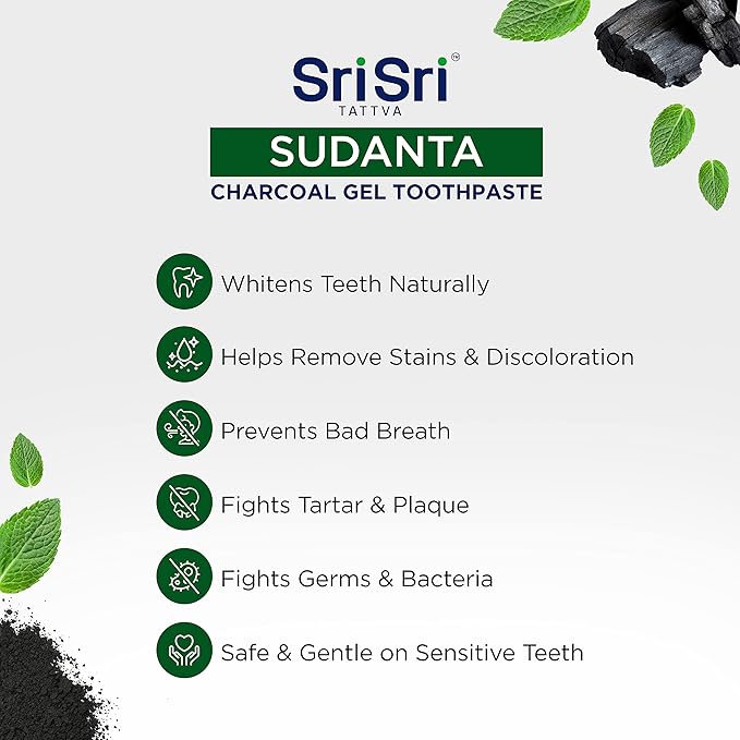 Sri Sri Tattva Sudanta Charcoal Toothpaste Gel – SLS, Fluoride Free Herbal Toothpaste with Neem & Ayurvedic Herbs – Natural Teeth Whitening, Fresh Breath, Oral & Gum Health – 100g Tube (Pack of 1)-Ruum Studio Home