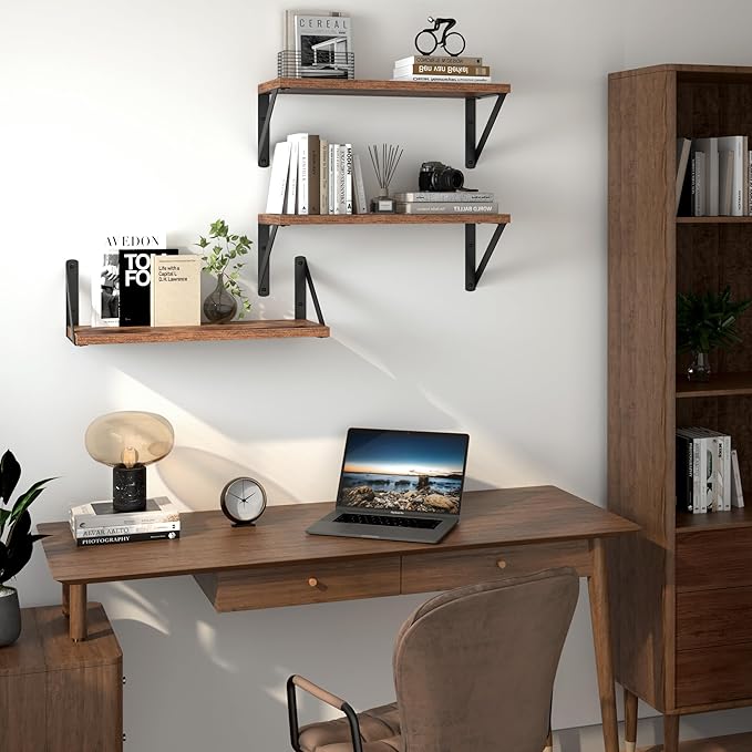 Heimlove Floating Shelves for Wall, 16 Inch Long Wood Floating Shelves Set of 3, Wall Mounted Hanging Shelf for Bathroom Bedroom Kitchen, Rustic Brown-Ruum Studio Home