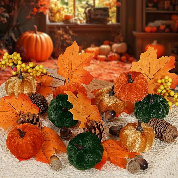 Artmag Fabric Pumpkins Set Decor, 25 PCS Fall Artificial Maple Leaves, Harvest Pumpkins, Acorns, Pine Cones and Orange Berry Stems Decorations for Fall Thanksgiving Table Home-Ruum Studio Home