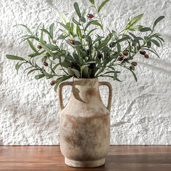 Mitt&Ditt Ceramic Flower Vase with Handles, 11 inch Tall Vase for Centerpieces, Large Decorative Terracotta Vases, Farmhouse Rustic Vases for Home Decor, Living Room, Table, Neutral-Ruum Studio Home