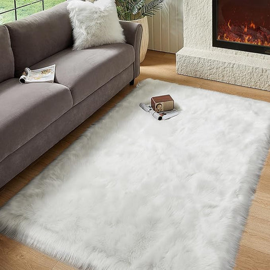 AMTOVO Faux Fur Sheepskin Rug for Living Room, 4 x 6 ft White Fluffy Area Rug for Bedroom, Playroom, Luxury Room Decor, Rectangle-Ruum Studio Home