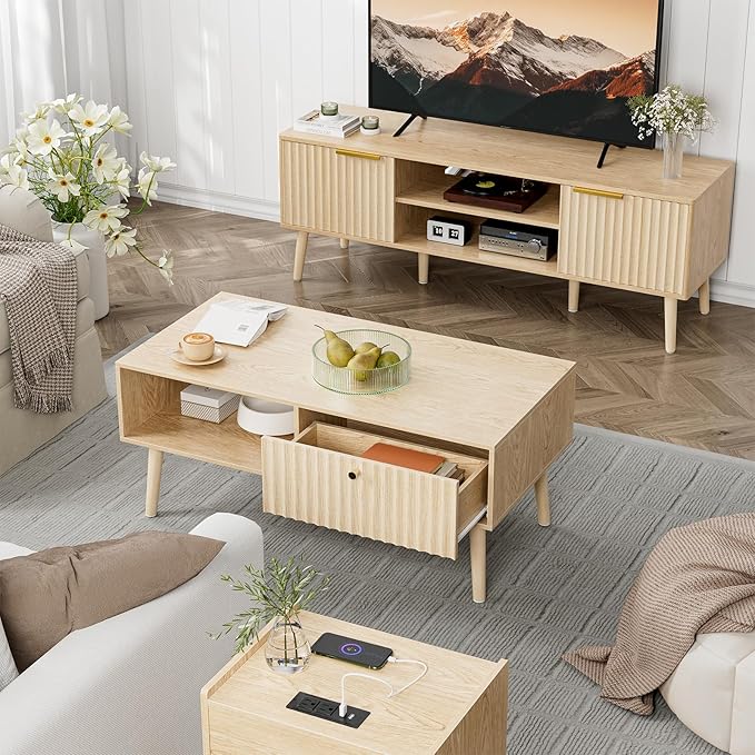 Coffee Table with Storage, Boho Dining Table with Fluted Drawer and Solid Wood Legs, Small Coffee Tables for Living Room, Oak-Ruum Studio Home