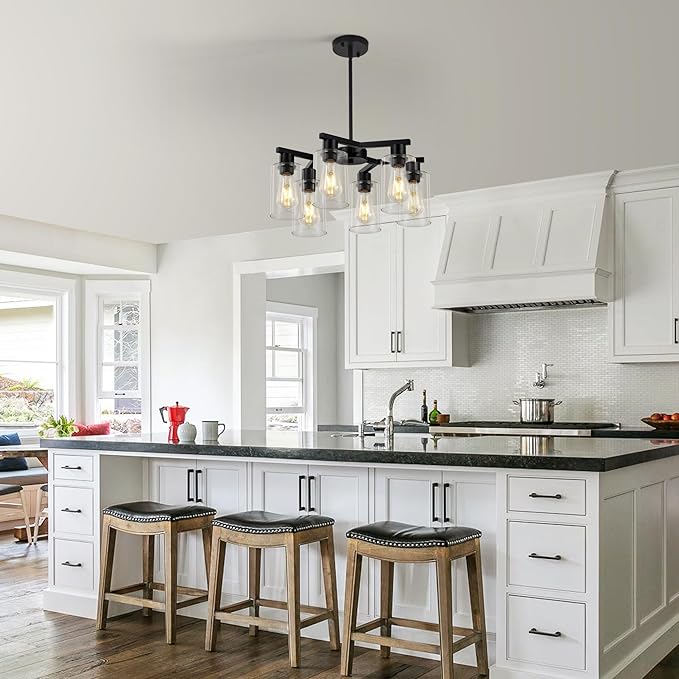 6-Light Black Modern Farmhouse Chandelier for Dining Room Ceiling Light Fixture with Clear Glass Shades, Adjustable Hanging Industrial Pendant Lighting for Living Room Kitchen Island Bedroom Entryway-Ruum Studio Home
