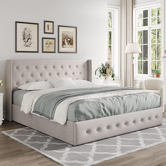 Allewie Queen Size Lift Up Storage Bed, Button Tufted Headboard with Wingback, Hydraulic Support, No Box Spring Needed, Light Beige-Ruum Studio Home