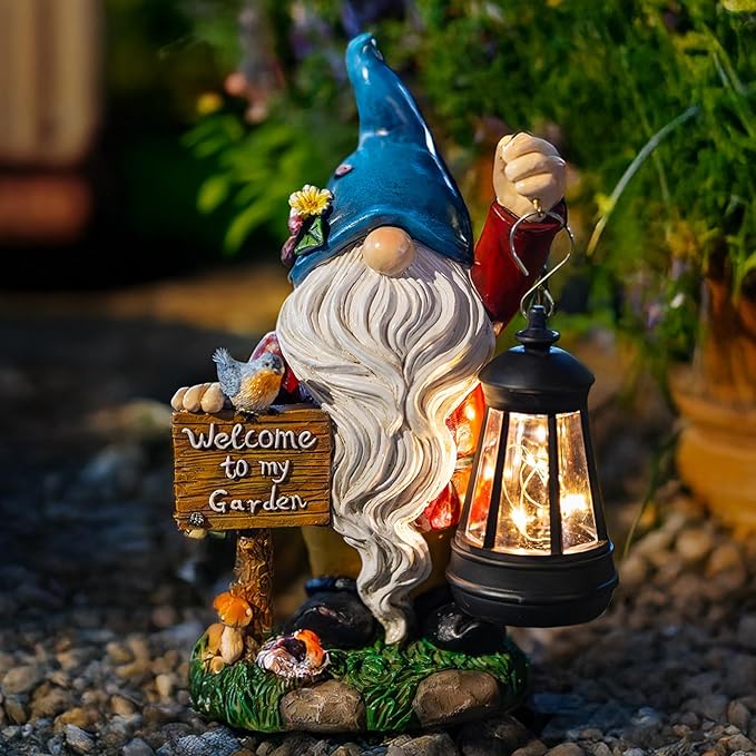 Garden Gnome Statues Figurine Lights - Solar Powered Lighting Outdoor Decorations with Lantern & Welcome Sign, Yard Art Lawn Ornaments for Porch Patio Balcony - Gnome Gifts for Women Mom-Ruum Studio Home