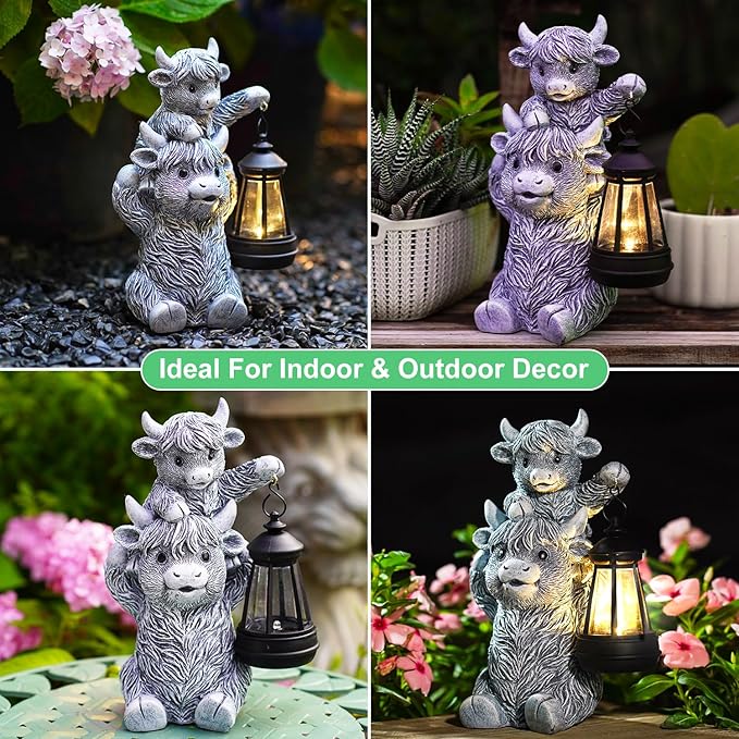 Goodeco 9.5 Inch Highland Cow with Solar Lantern – Resin Garden Decor, Outdoor Statue & Unique Highland Cow Gifts (Gray)-Ruum Studio Home
