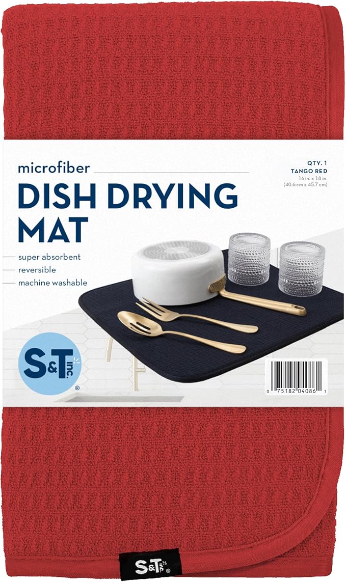S&T INC. Dish Drying Mat, 16” x 18”, Absorbent Microfiber Kitchen Counter Mat, Dish Drying Pad for Dishes, Utensils, Pots and Pans, Large, Red-Ruum Studio Home