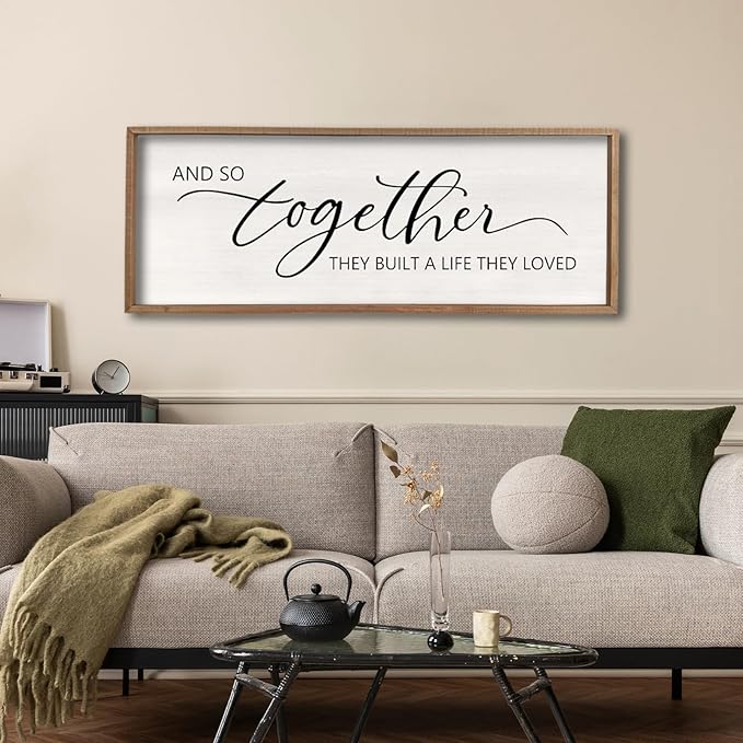 And So Together They Built A Life They Loved Sign 40”X15” Master Bedroom Above Bed Wall Decor Large Framed Wood Farmhouse Sign for Over Bed Bedside Wall Art for Love Sign Decor (Wood)-Ruum Studio Home