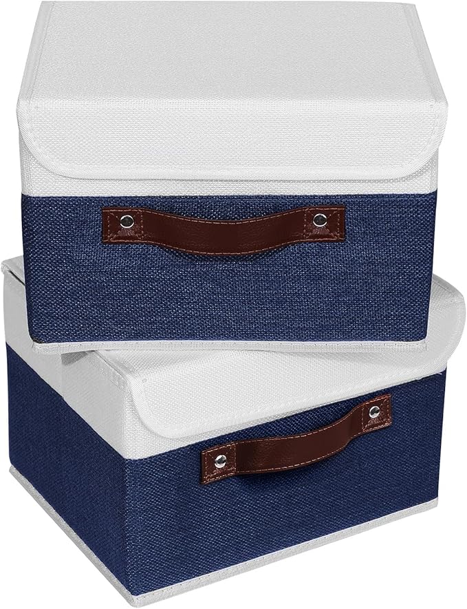 ANMINY 2PCS Storage Boxes with Lid Washable Decorative Storage Bin Basket with PU Leather Handle Foldable Linen Fabric Storage Cube Container for Home Closet Organizer - Deep Blue White, Small Size-Ruum Studio Home