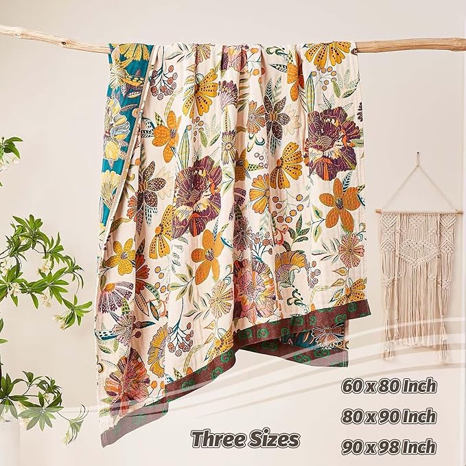 Boho Throw Blanket, 100% Cotton Ultra Soft Luxury Throw Rustic Quilt, 90"x98" Floral Printed Farmhouse Decor Bed Summer Blankets, All Season Rustic Reversible Bohemian Throw for Bed - White-Ruum Studio Home